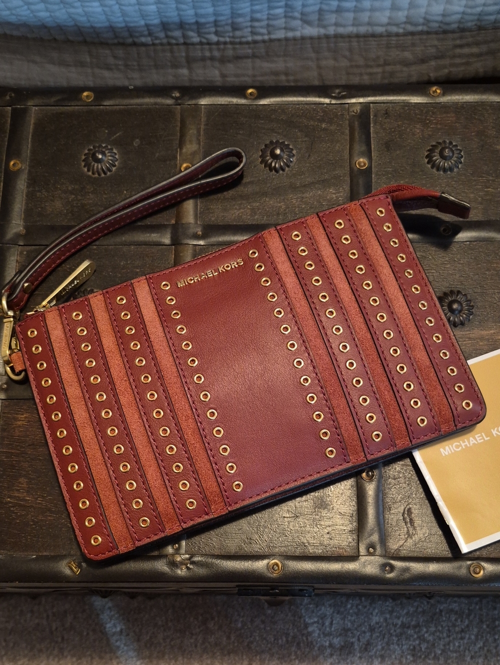Michael Kors Brown Leather And Suede Wristlet Clutch With Gold Grommet Accents